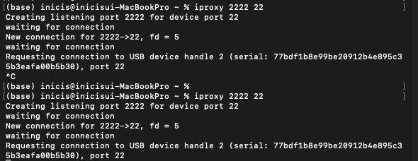  Frida 메모리 점검을 위해 iproxy로 iPhone SSH 포트에 연결한 터미널 화면